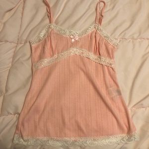 Coral pink lace trim cami tank top with bow